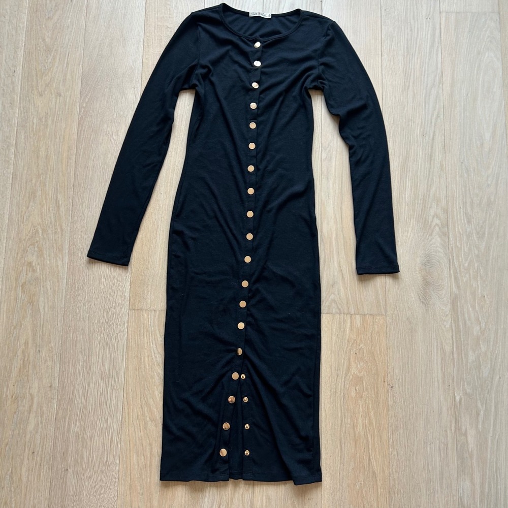 Heart & Hips Ribbed Midi Dress Small Black Gold Button Front Long Sleeve Bodycon
